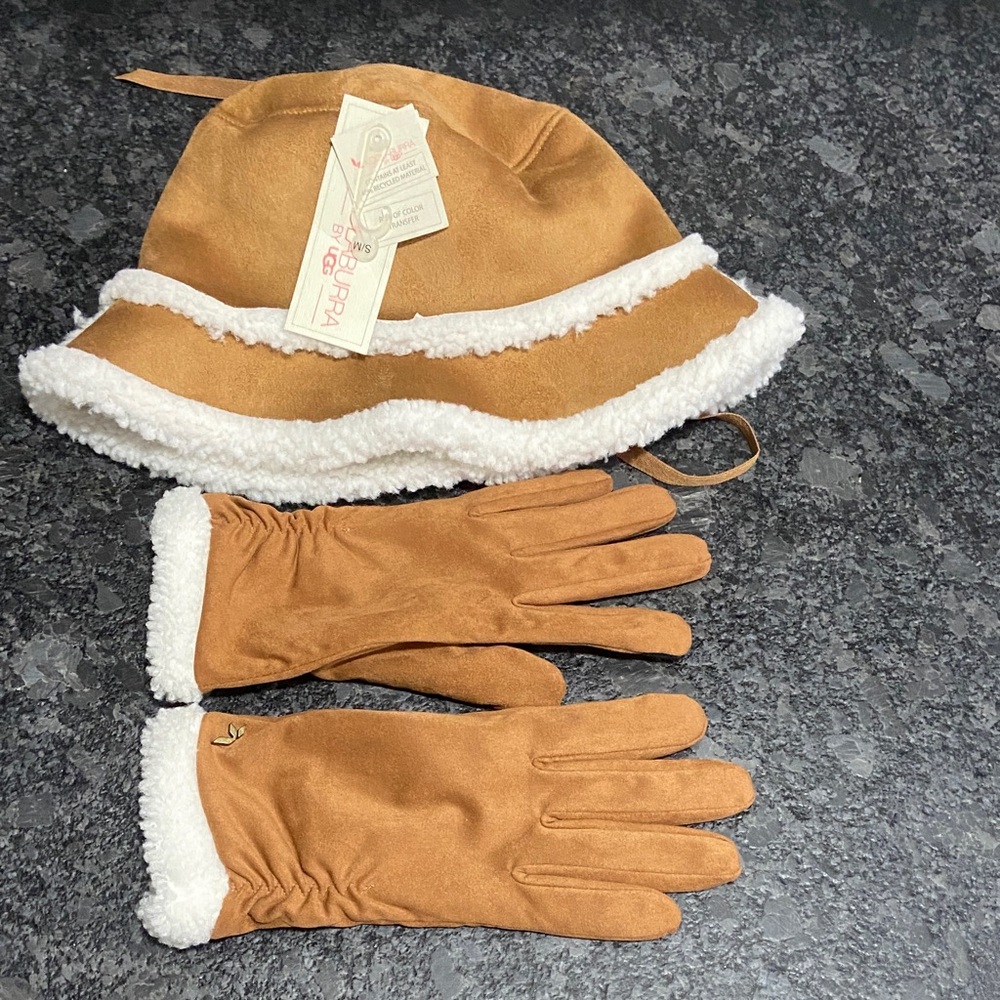 Koolaburra Tan Suede-Look Gloves & Hat Set with White Sherpa Trim